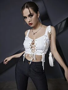 繫帶吊帶短上衣 - 白色 - 查看 5