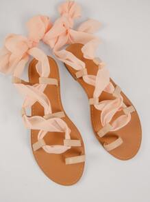 圓頭織物繫帶緞帶羅馬涼鞋 - 淺粉色 - 查看 2