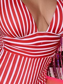 Striped Ruched One Piece Swimsuit Summer - Red - View 4
