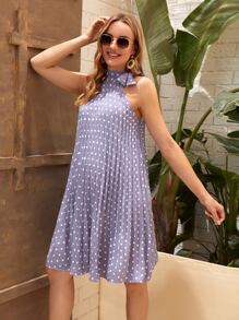 SHEIN Váy Bà bầu Thắt nút Xếp li Chấm bi Boho - Màu Lilac Tím - Xem 3