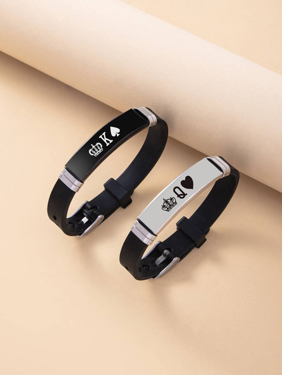 2pcs Couple Letter & Crown Print Bracelet - Multicolor - View 1