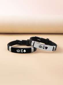 2pcs Couple Letter & Crown Print Bracelet - Multicolor - View 2