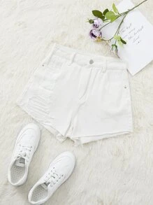 Quần đùi nữ Nút Túi Hem thô Bị tách màu trơn Giải trí - trắng - Xem 1