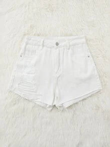 Quần đùi nữ Nút Túi Hem thô Bị tách màu trơn Giải trí - trắng - Xem 3