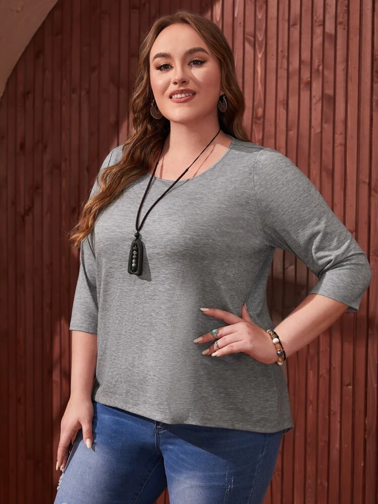 Camiseta de color combinado con estampado de retazo bajo asimétrico - Gris - Añade 2