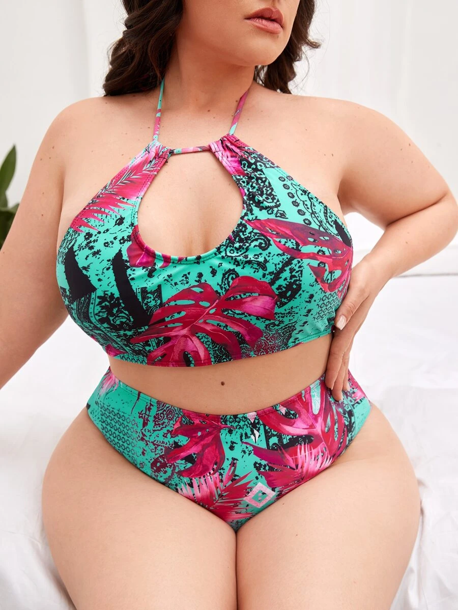 大碼熱帶印花露腰時尚高領比基尼套裝，夏日沙灘必備 - 彩色 - 查看 1