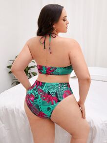 大碼熱帶印花露腰時尚高領比基尼套裝，夏日沙灘必備 - 彩色 - 查看 2