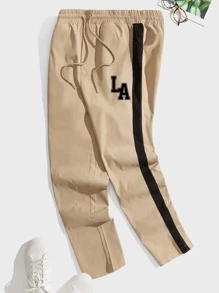 Manfinity VCAY 男士字母圖案側條紋長褲 - 卡其色 - 查看 1