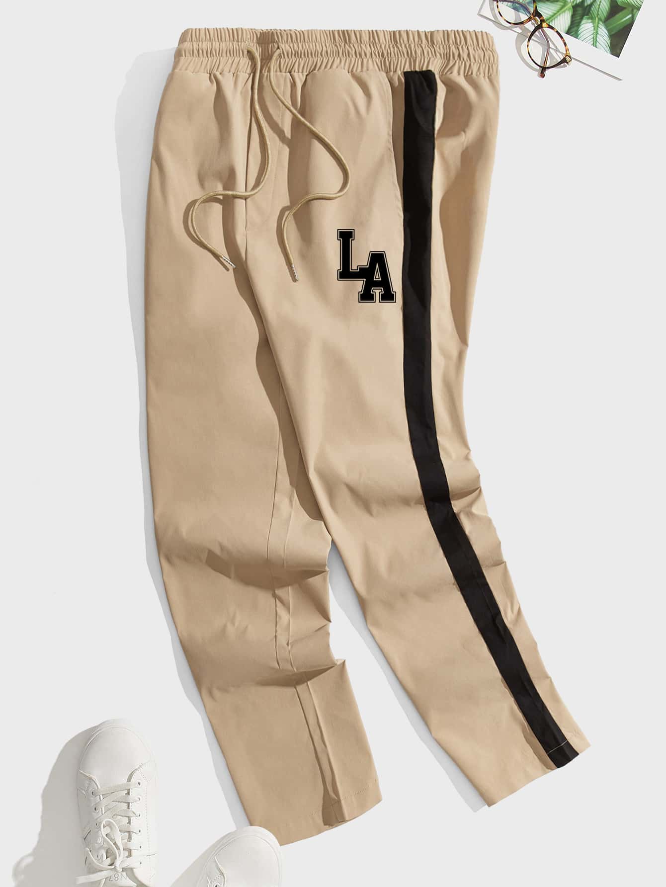 Manfinity VCAY 男士字母圖案側條紋長褲 - 卡其色 - 查看 1