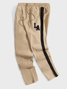 Manfinity VCAY 男士字母圖案側條紋長褲 - 卡其色 - 查看 6