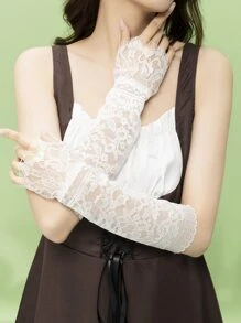 ROMWE Fairycore Floral Lace Fingerless Long Gloves - White - View 4