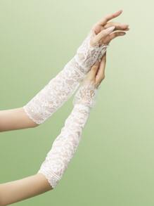 ROMWE Fairycore Floral Lace Fingerless Long Gloves - White - View 2