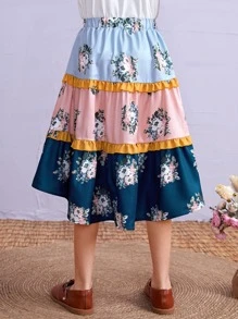 SHEIN Girls Colourblock Floral Print Frill High Low Hem Skirt - Multicolor - View 2