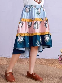 SHEIN Girls Colourblock Floral Print Frill High Low Hem Skirt - Multicolor - View 3