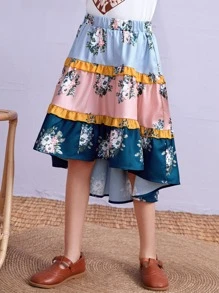 SHEIN Girls Colourblock Floral Print Frill High Low Hem Skirt - Multicolor - View 4