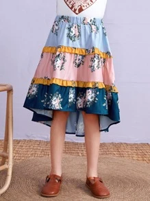 SHEIN Girls Colourblock Floral Print Frill High Low Hem Skirt - Multicolor - View 5