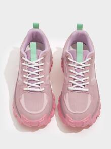 Patch Detail Lace-up Front Chunky Sneakers - Pink - View 2
