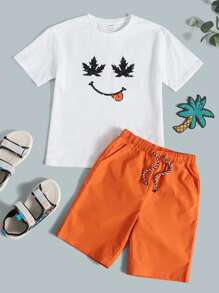 SHEIN Boys Maple Leaf & Figure Graphic Tee & Shorts Set - Multicolor - View 1