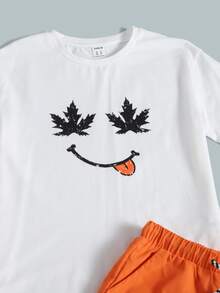 SHEIN Boys Maple Leaf & Figure Graphic Tee & Shorts Set - Multicolor - View 3