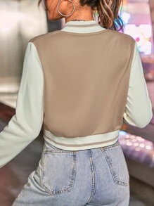 SHEIN EZwear Áo khoác bóng chày đơn hàng khuy họa tiết chữ thể thao màu tương phản dành cho nữ, mùa xuân và mùa thu - Màu Khaki - Xem 2