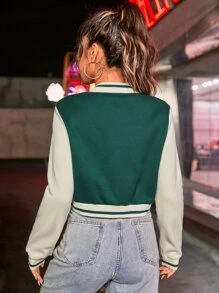 SHEIN EZwear Letter Patched Crop Varsity Jacket In Fall/Winter - Dark Green - View 2