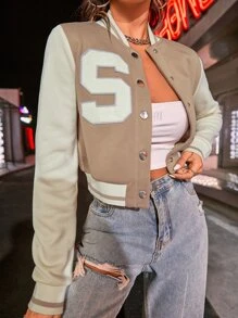 SHEIN EZwear Áo khoác bóng chày đơn hàng khuy họa tiết chữ thể thao màu tương phản dành cho nữ, mùa xuân và mùa thu - Màu Khaki - Xem 1