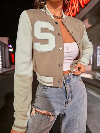 SHEIN EZwear Women's Sporty Letter Pattern Contrast Color Single Breasted Baseball Jacket, Spring & Autumn