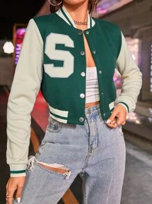 SHEIN EZwear Letter Patched Crop Varsity Jacket In Fall/Winter - Dark Green - View 3