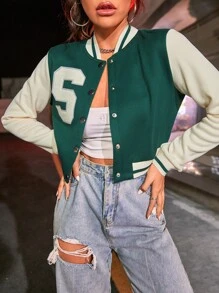 SHEIN EZwear Letter Patched Crop Varsity Jacket In Fall/Winter - Dark Green - View 5