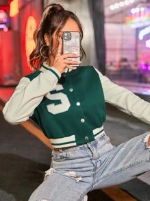 SHEIN EZwear Letter Patched Crop Varsity Jacket In Fall/Winter - Dark Green - View 6