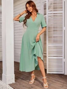 SHEIN Unity 交疊領袖口A字連衣裙 - 薄荷綠 - 查看 3