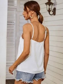 SHEIN Frenchy Áo hai dây Tương phản ren Nút phía trước màu trơn Giải trí - trắng - Xem 2