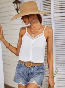 SHEIN Frenchy Áo hai dây Tương phản ren Nút phía trước màu trơn Giải trí - trắng - Xem 3