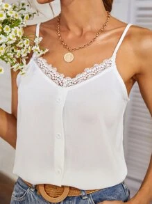 SHEIN Frenchy Áo hai dây Tương phản ren Nút phía trước màu trơn Giải trí - trắng - Xem 4