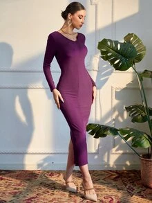 Modelyn 素色後背開叉緊身連衣裙 - 紫色 - 查看 1