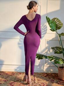Modelyn 素色後背開叉緊身連衣裙 - 紫色 - 查看 2