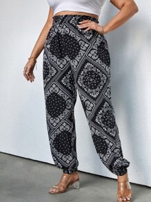 SHEIN Unity Plus Paisley And Scarf Print Paperbag Waist Trousers - Black and White - View 1