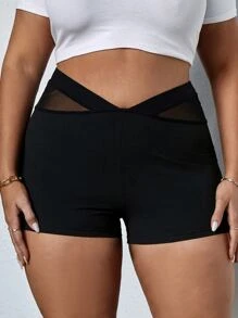 SHEIN SXY Quần lót kích thước lớn Tương phản Mesh màu trơn Giải trí - màu đen - Xem 1