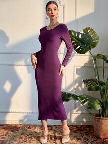 Modelyn 素色後背開叉緊身連衣裙 - 紫色 - 查看 3