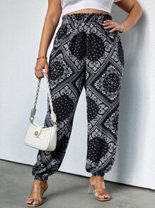 SHEIN Unity Plus Paisley And Scarf Print Paperbag Waist Trousers - Black and White - View 4