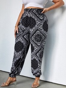 SHEIN Unity Plus Paisley And Scarf Print Paperbag Waist Trousers - Black and White - View 5