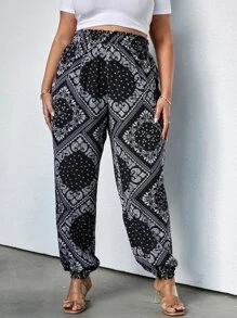 SHEIN Unity Plus Paisley And Scarf Print Paperbag Waist Trousers - Black and White - View 6