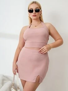 SHEIN Unity Bộ thời trang Plus Size Lộ Lưng Chia màu trơn Gợi cảm - Bụi hồng - Xem 3