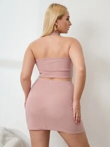 SHEIN Unity Bộ thời trang Plus Size Lộ Lưng Chia màu trơn Gợi cảm - Bụi hồng - Xem 2