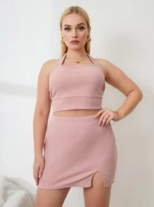 SHEIN Unity Bộ thời trang Plus Size Lộ Lưng Chia màu trơn Gợi cảm - Bụi hồng - Xem 1
