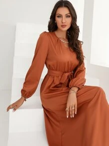 Modelyn Puff Sleeve Belted Dress - Brown - View 1
