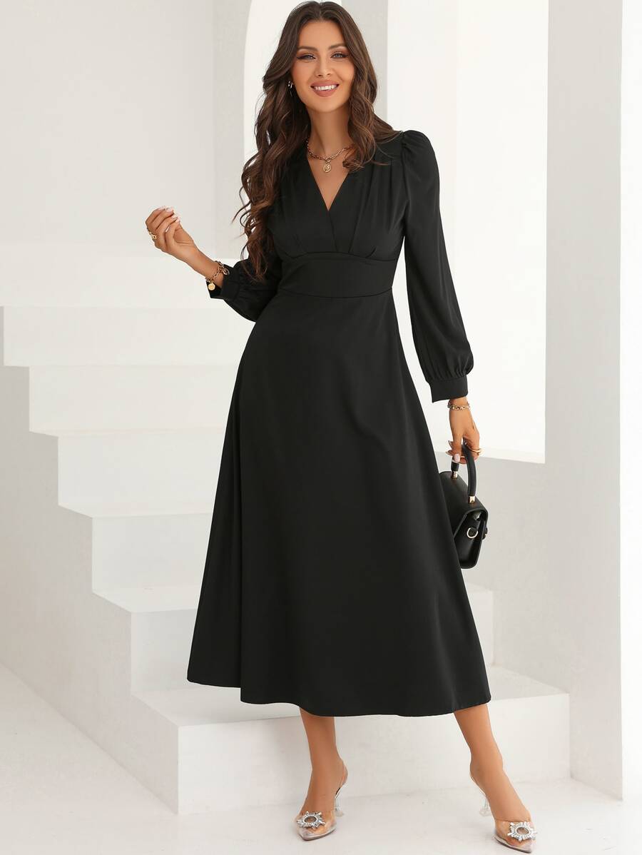 Modelyn Surplice Neck Puff Sleeve A-line Dress - Black - View 1