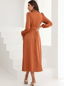 Modelyn Puff Sleeve Belted Dress - Brown - View 2