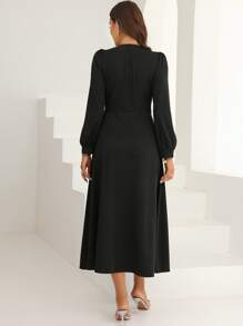 Modelyn Surplice Neck Puff Sleeve A-line Dress - Black - View 2