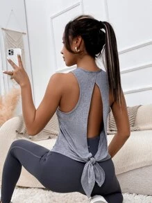 Yoga Trendy Cut Out Tie Back Sports Tank Top - Grey - View 4